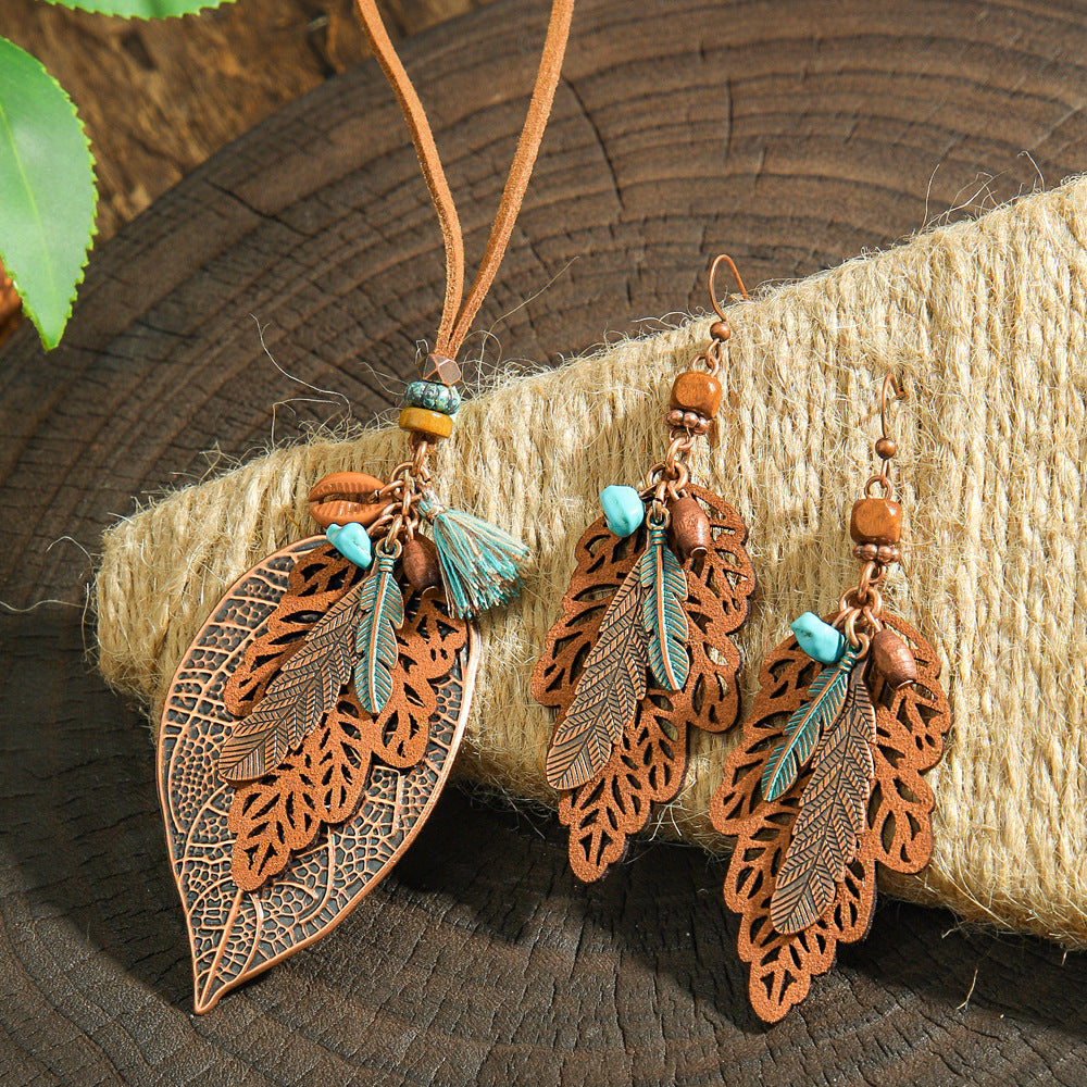 Boho-chic Vintage dřevěný vrstvený střapcový náhrdelník s náušnicemi 378