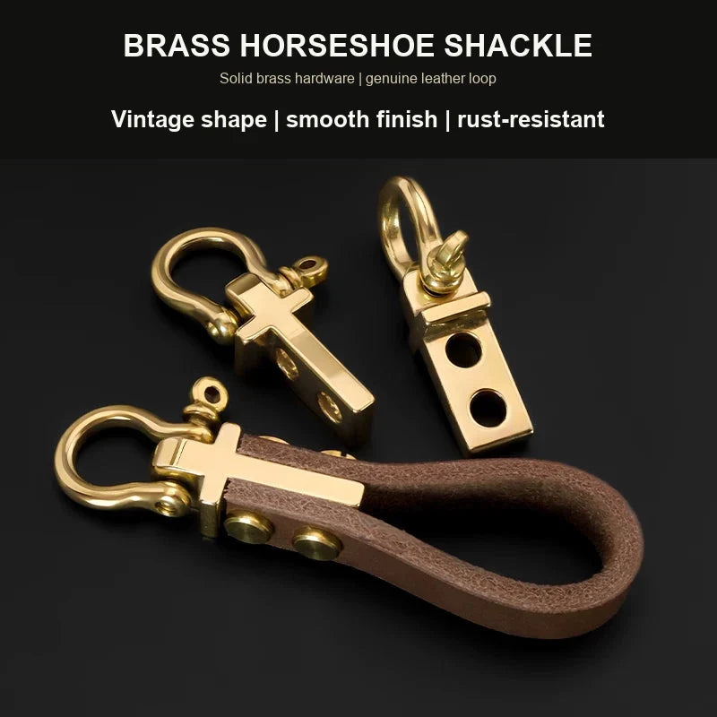Solid brass horseshoe shackle with genuine leather loop