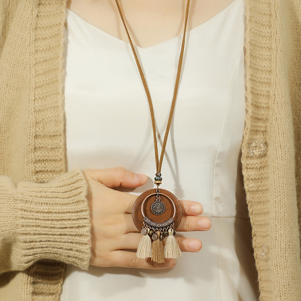 Boho-chic Vintage dřevěný vrstvený střapcový náhrdelník s náušnicemi 0798