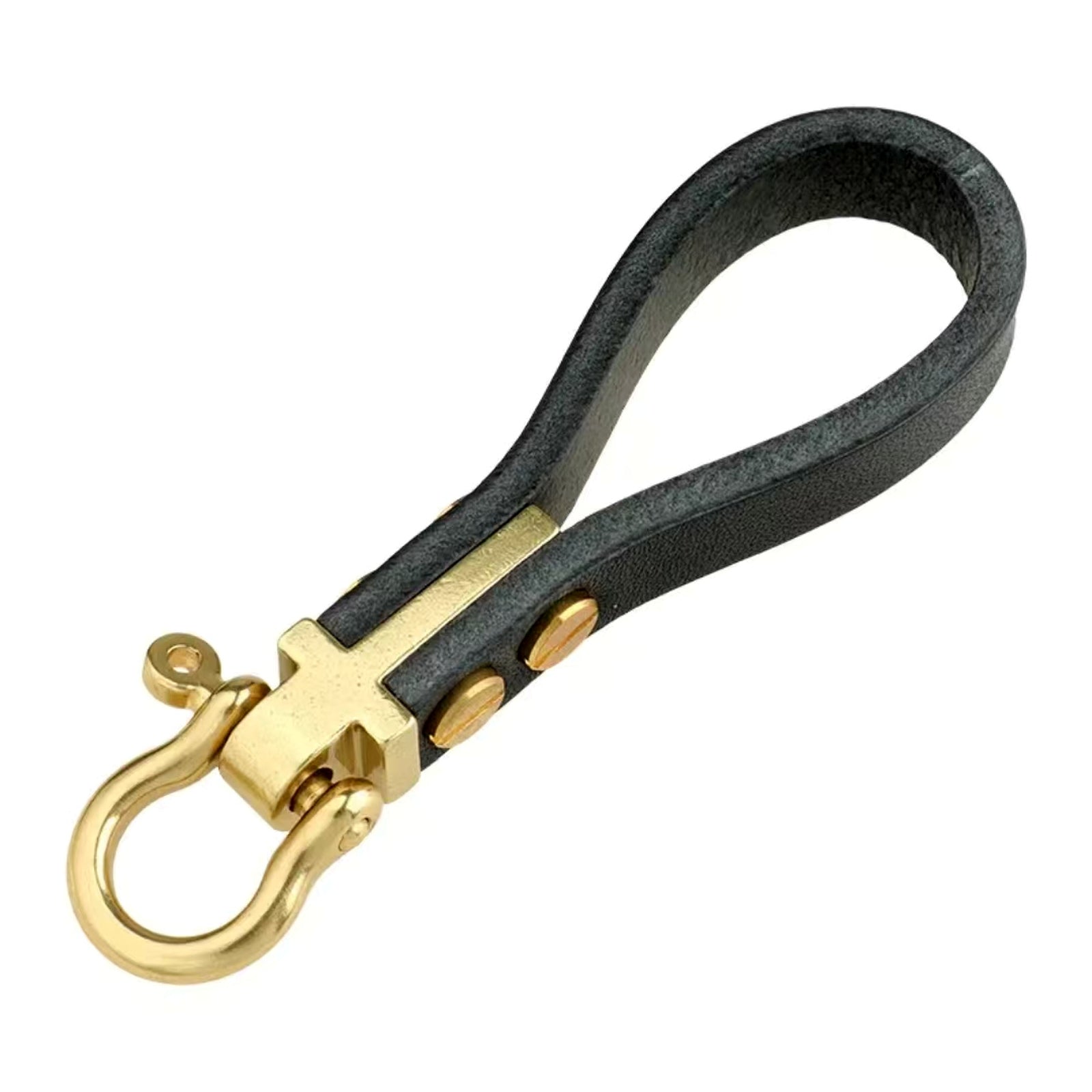 Black leather and brass horseshoe shackle keychain on white background