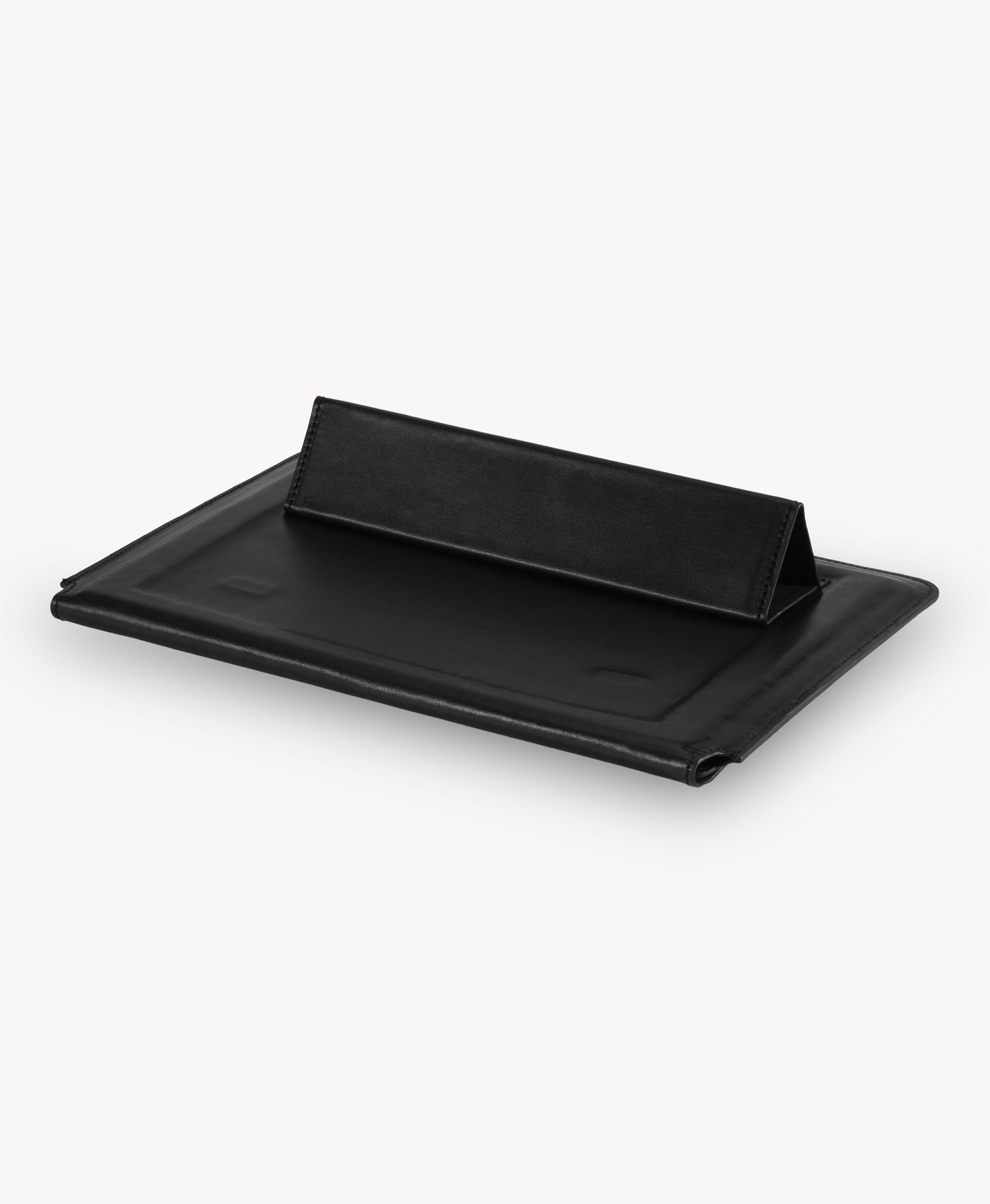 Handmade Bridle Leather Convertible Laptop Sleeve & Stand - Black - folding stand function