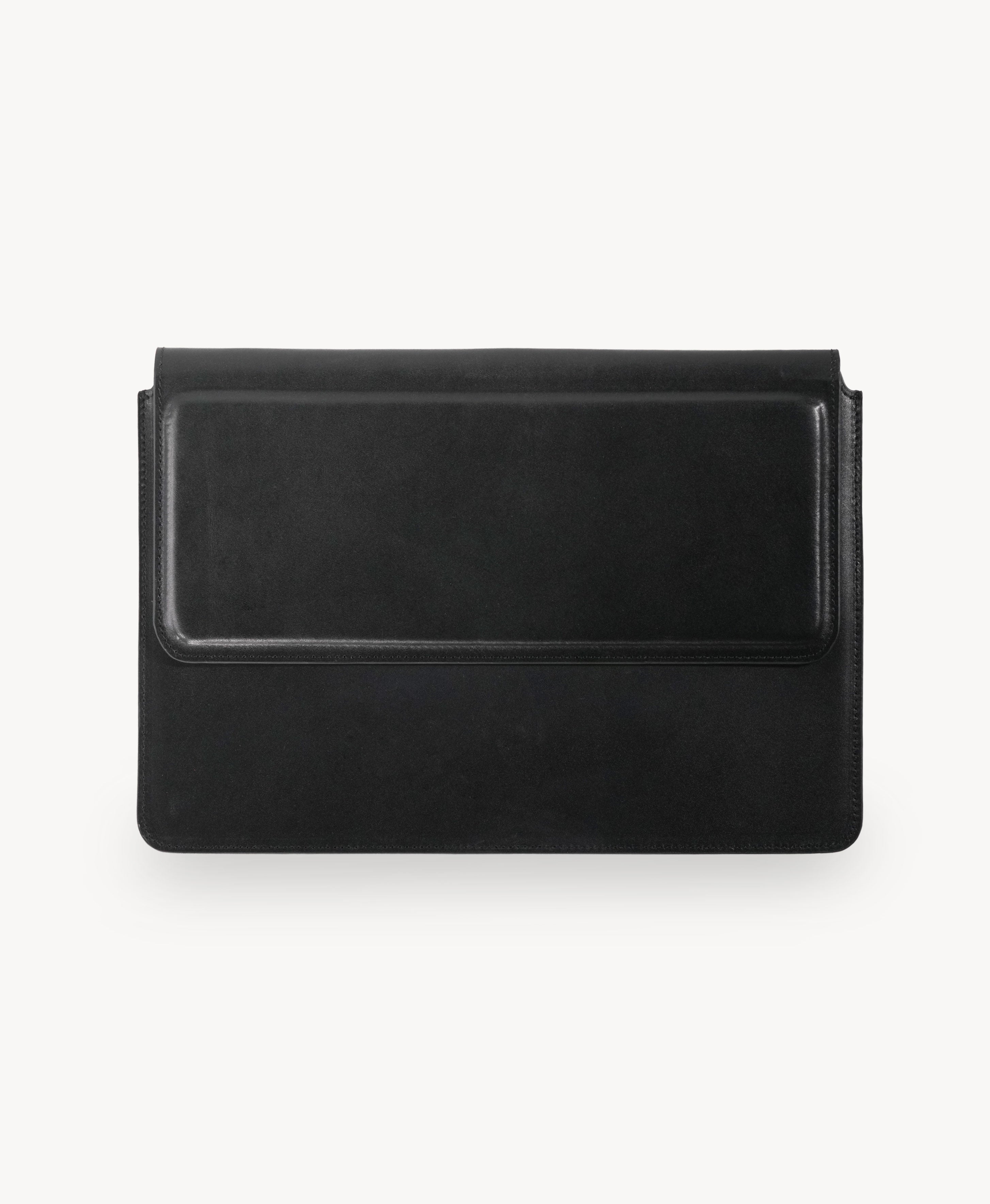 Handmade Bridle Leather Convertible Laptop Sleeve & Stand - Black - closed front view