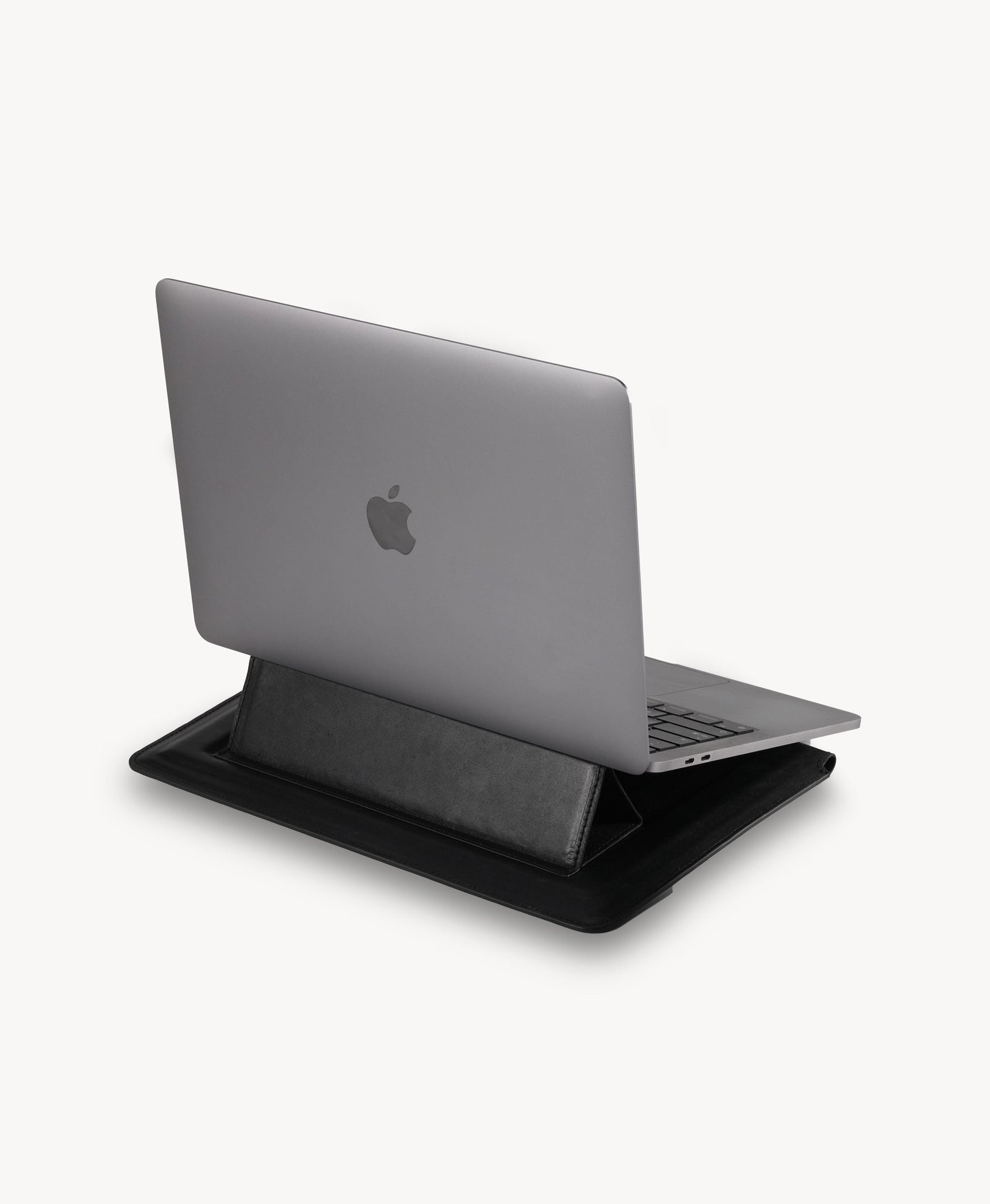 Handmade Bridle Leather Convertible Laptop Sleeve & Stand - Black - converted stand in use, rear view