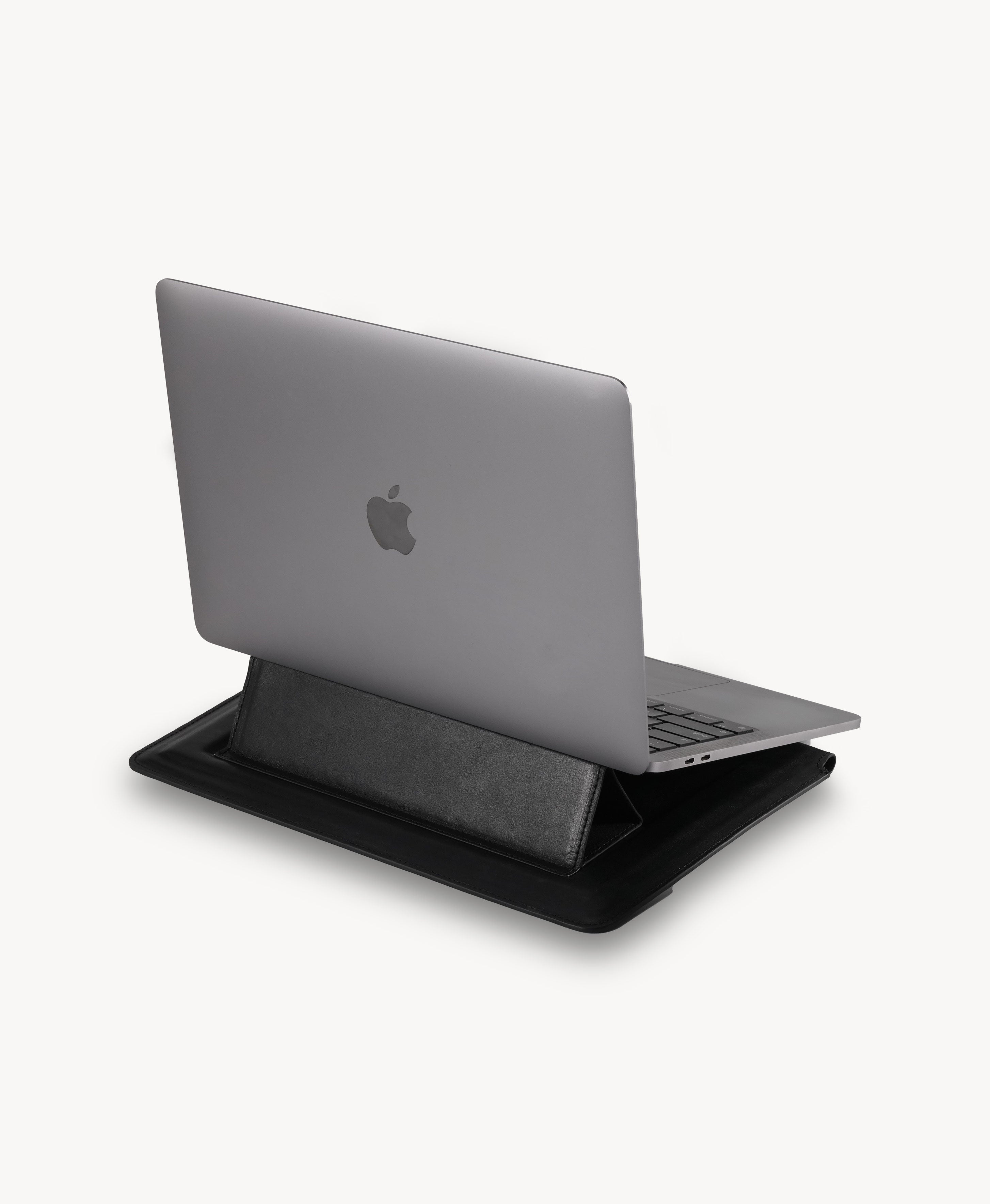Handmade Bridle Leather Convertible Laptop Sleeve & Stand - Black - converted stand in use, rear view