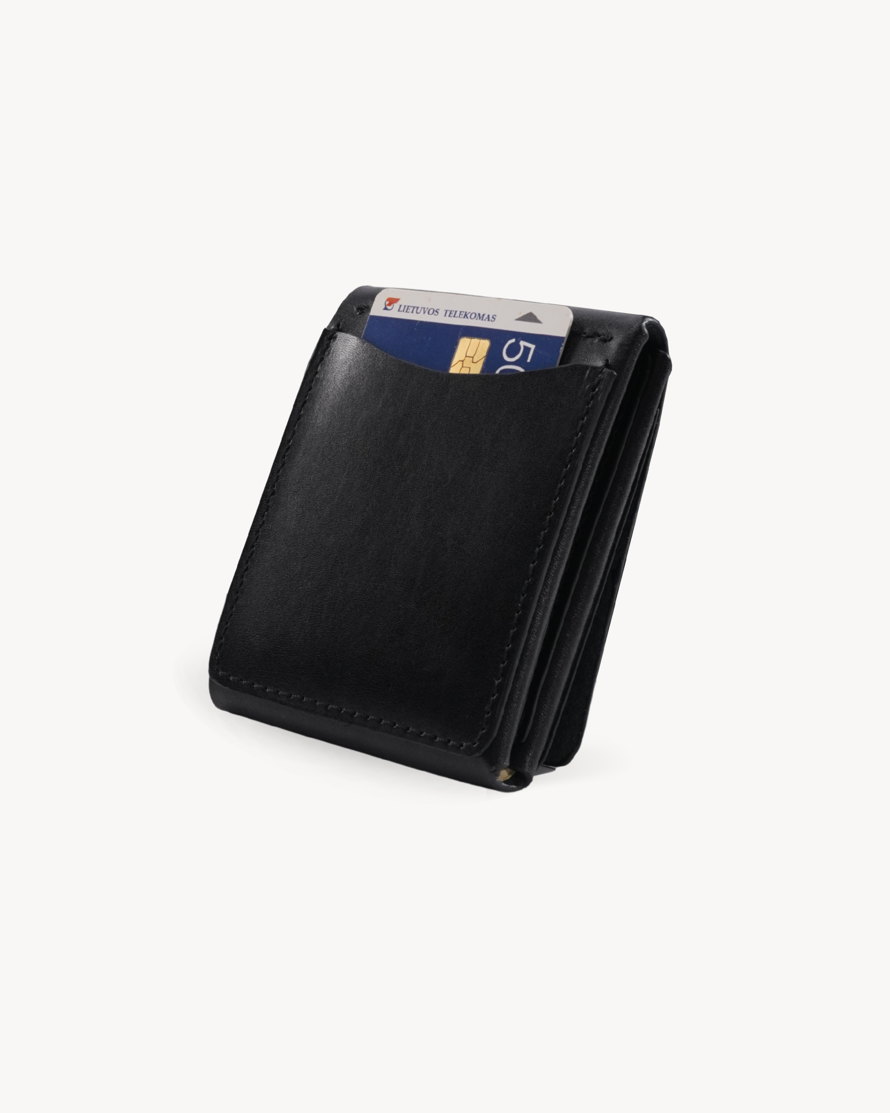 Handmade Full-Grain Saddle Leather Vertical Snap Wallet - exterior card pocket in use