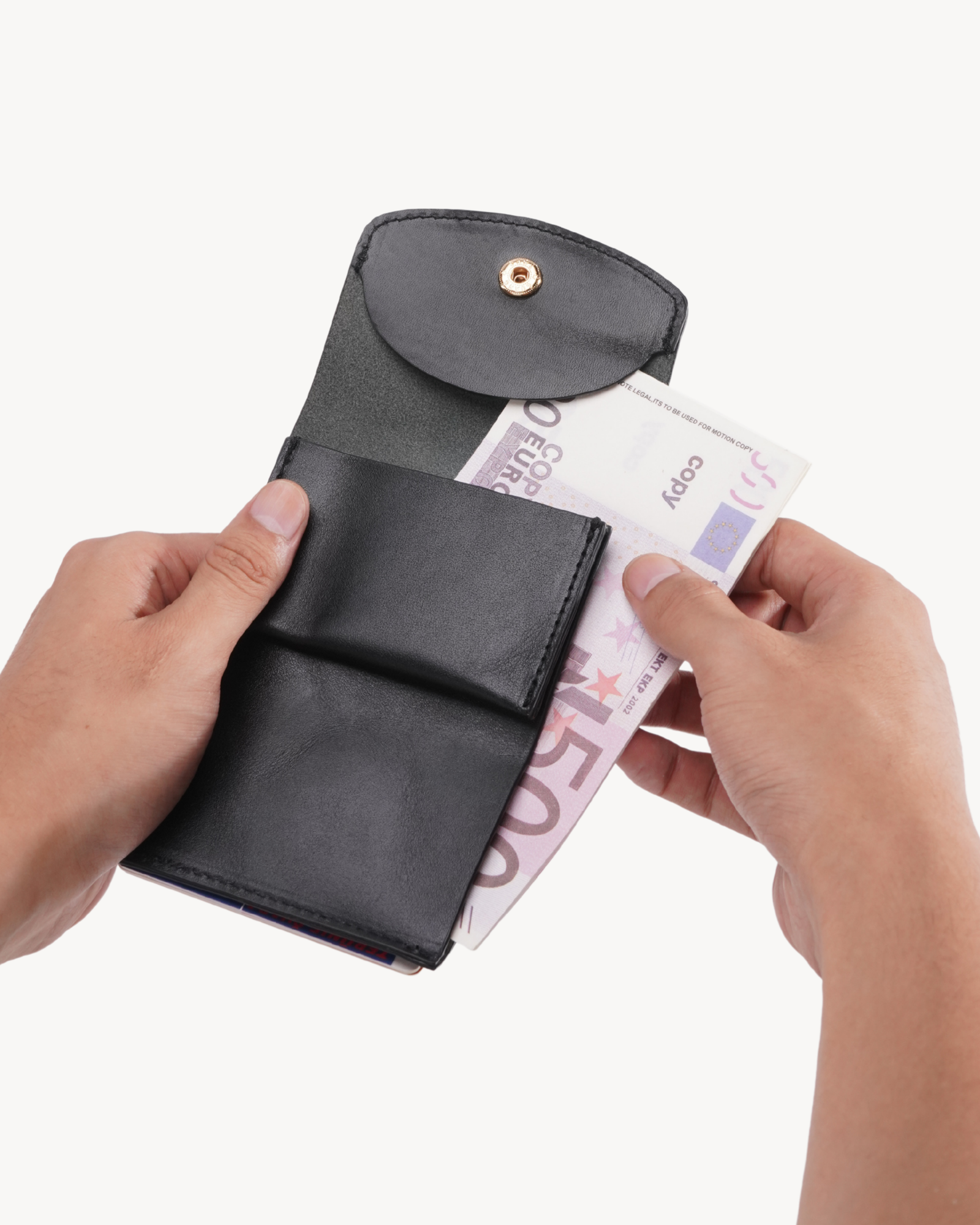 Handmade Full-Grain Saddle Leather Trifold Wallet - Black - bill compartment in use
