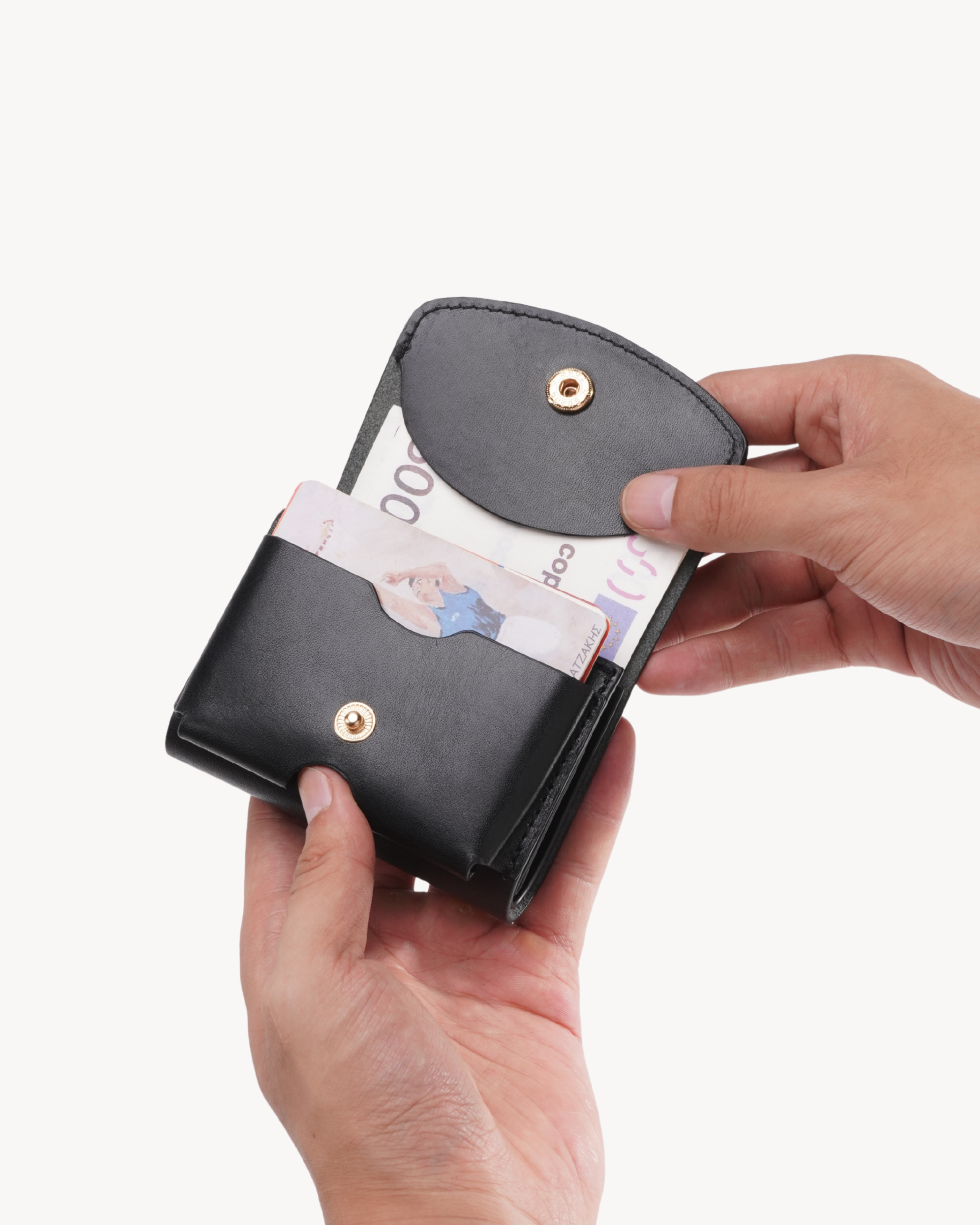 Handmade Full-Grain Saddle Leather Trifold Wallet - Black - open wallet with cash and card storage