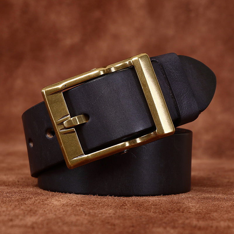 Black vintage distressed top-grain leather belt with antique brass-tone buckle