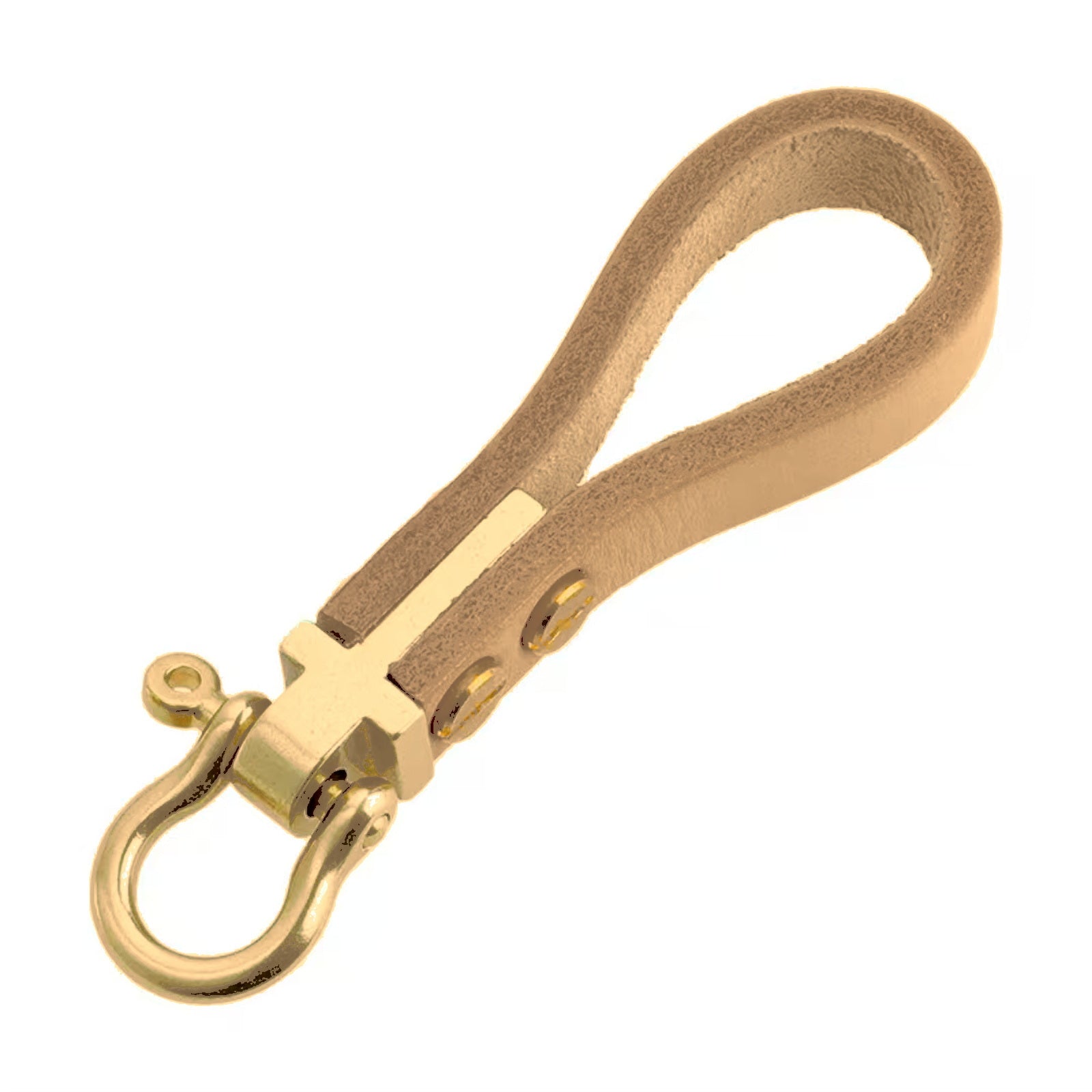 Natural leather and brass horseshoe shackle keychain on white background