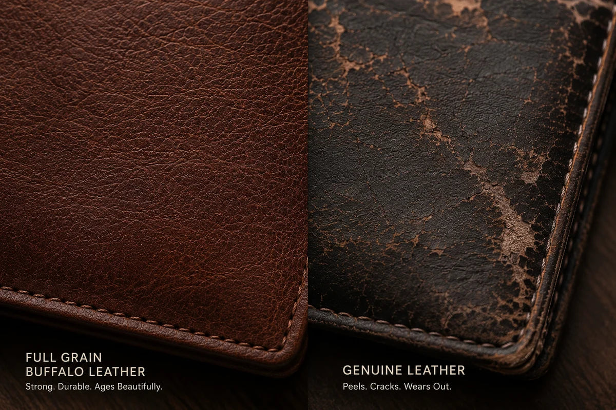 Full-grain leather compared with worn lower-grade leather