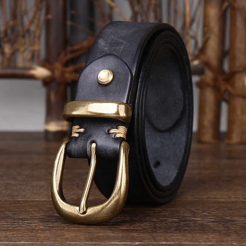 Classic Vintage Top-Grain Leather Belt with Rounded Brass Buckle - product view 1