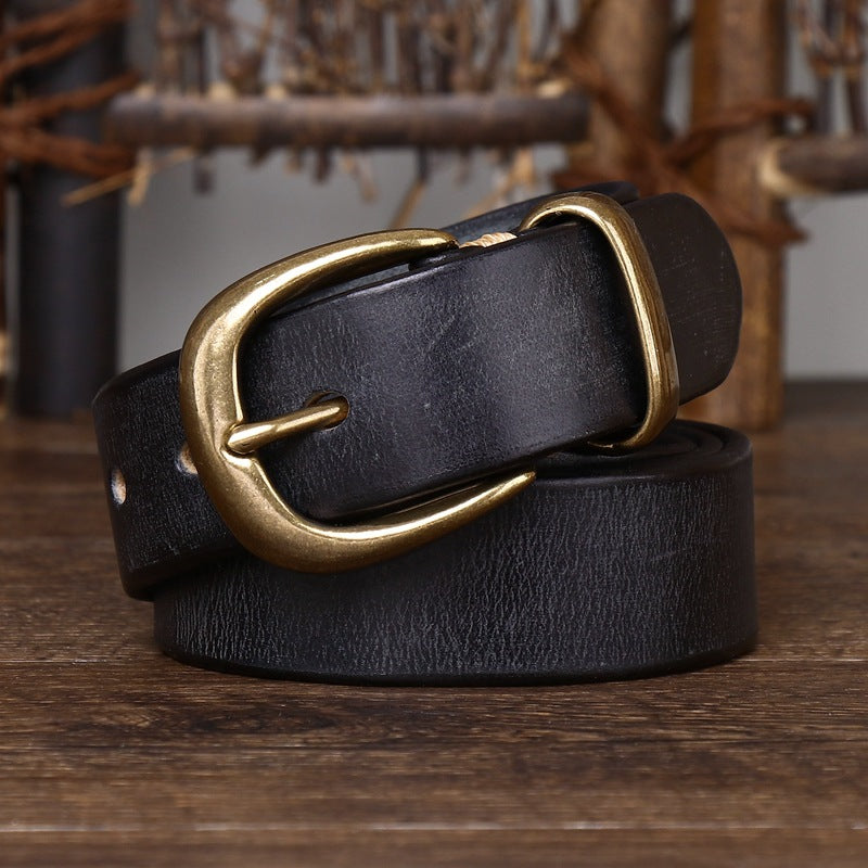 Classic Vintage Top-Grain Leather Belt with Rounded Brass Buckle - product view 5