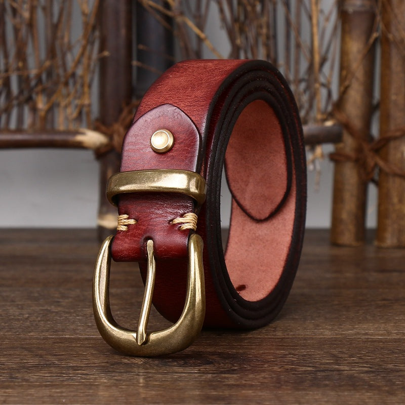 Classic Vintage Top-Grain Leather Belt with Rounded Brass Buckle - product view 4