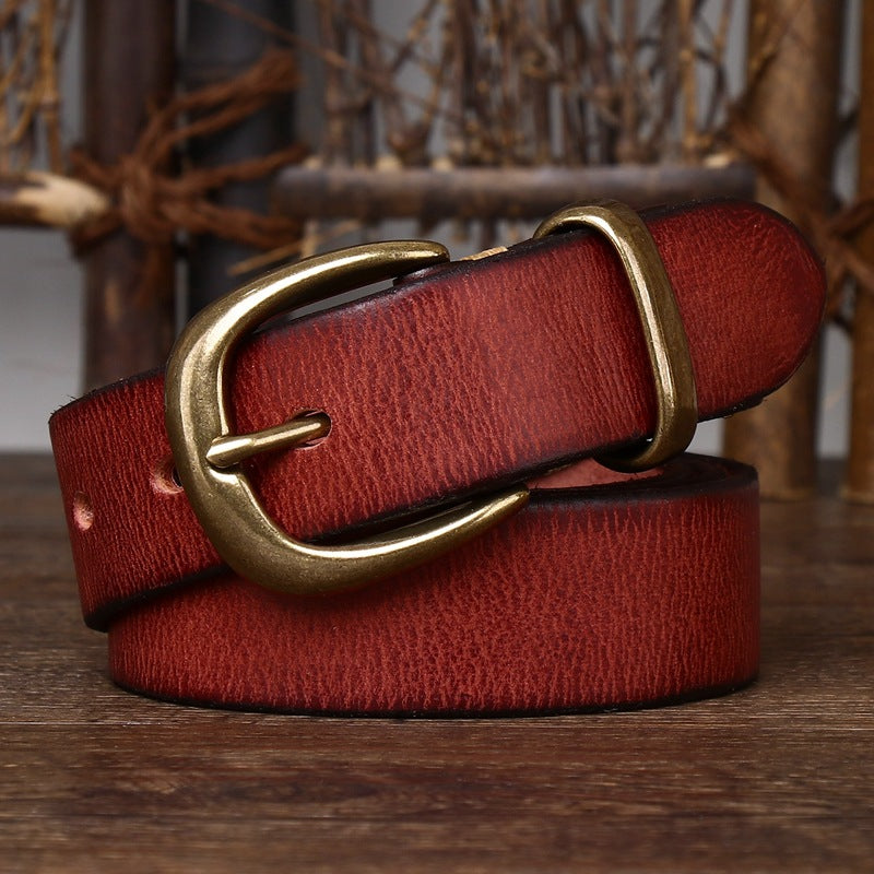 Classic Vintage Top-Grain Leather Belt with Rounded Brass Buckle - product view 6