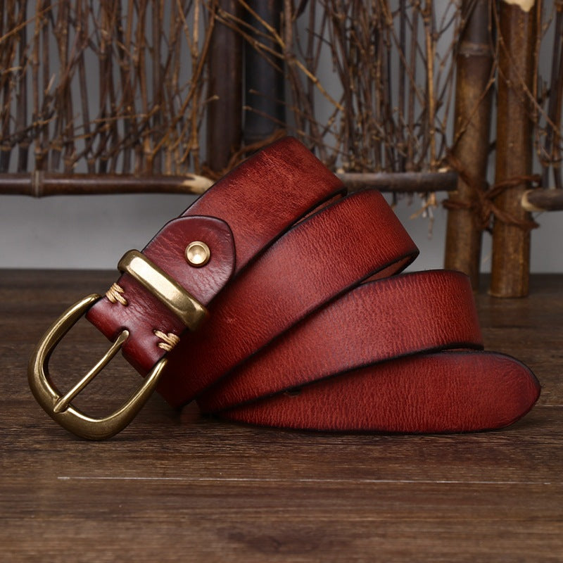 Classic Vintage Top-Grain Leather Belt with Rounded Brass Buckle - product view 7