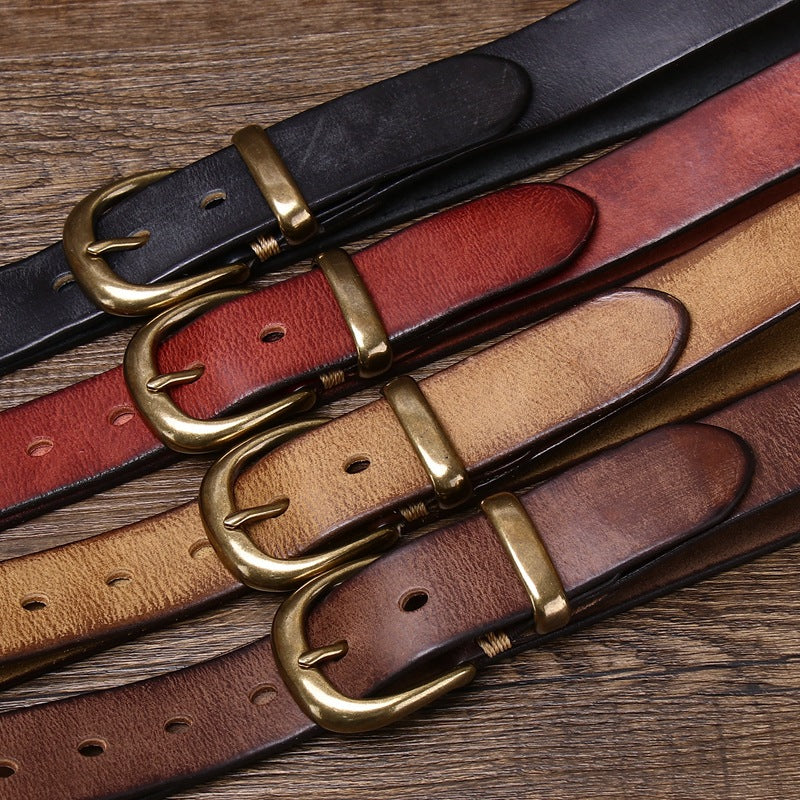 Classic Vintage Top-Grain Leather Belt with Rounded Brass Buckle - product view 8