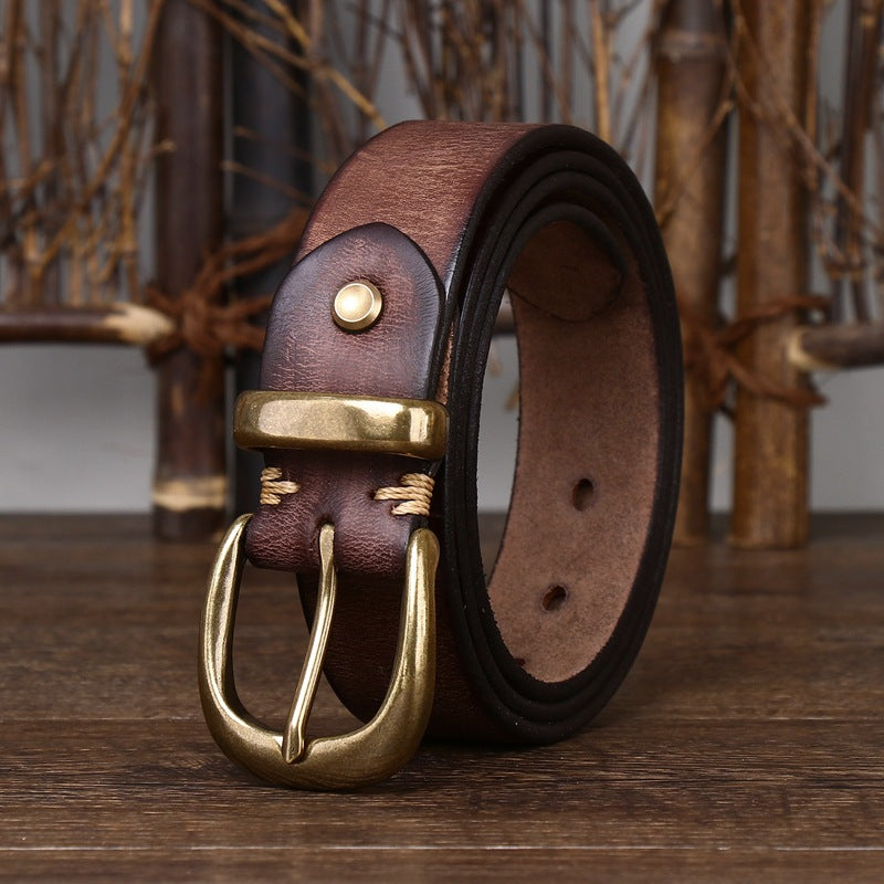 Classic Vintage Top-Grain Leather Belt with Rounded Brass Buckle - product view 2
