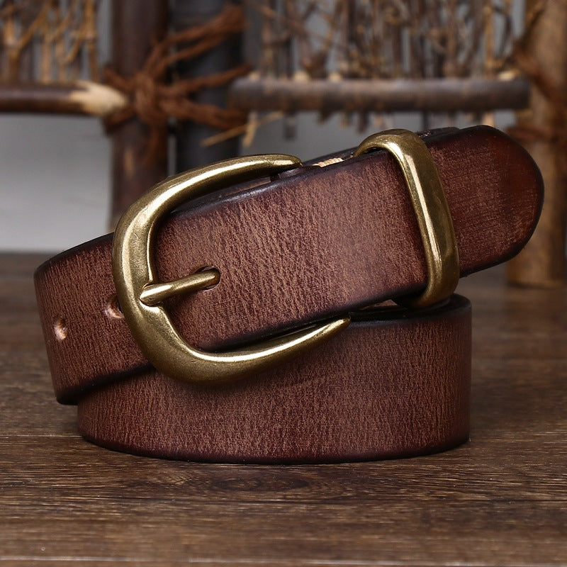 Classic Vintage Top-Grain Leather Belt with Rounded Brass Buckle - product view 9