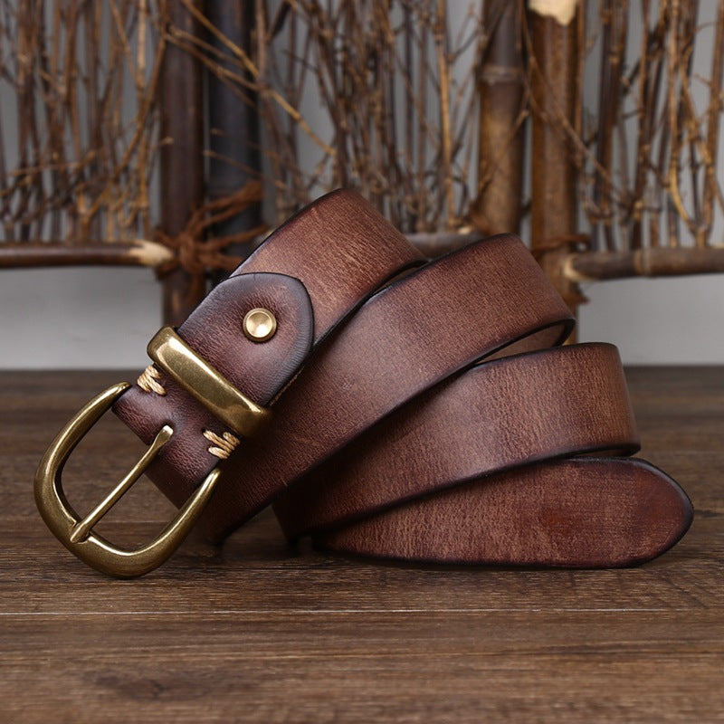 Classic Vintage Top-Grain Leather Belt with Rounded Brass Buckle - product view 10