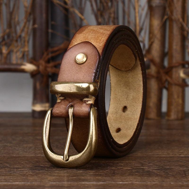 Classic Vintage Top-Grain Leather Belt with Rounded Brass Buckle - product view 3