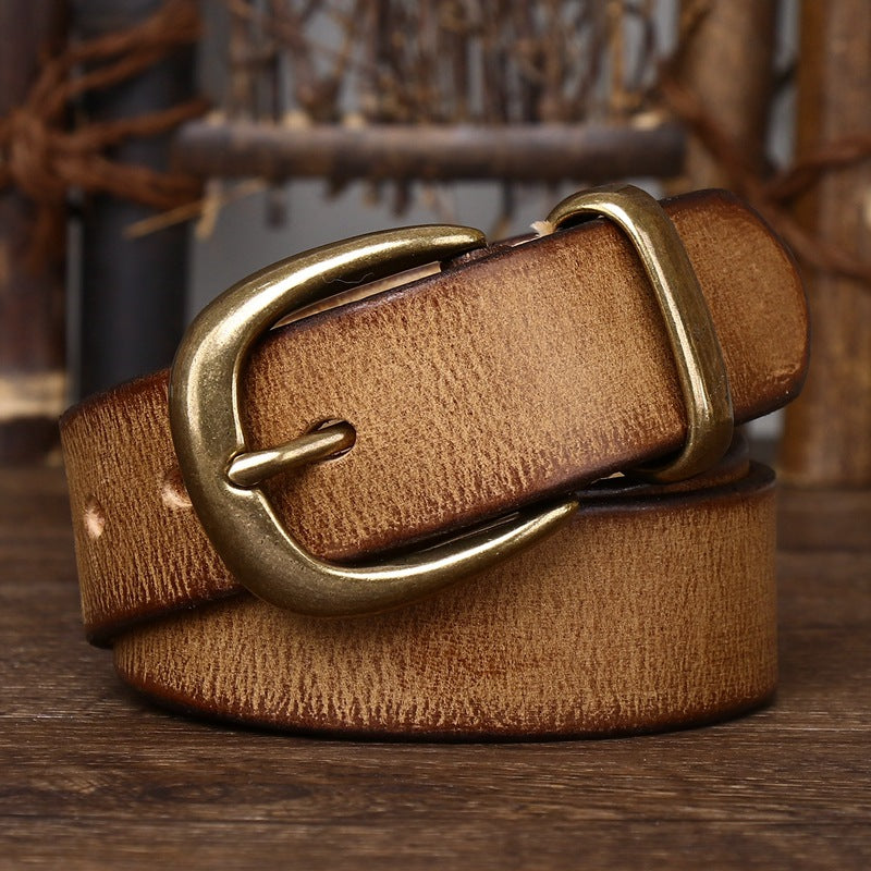 Classic Vintage Top-Grain Leather Belt with Rounded Brass Buckle - product view 11