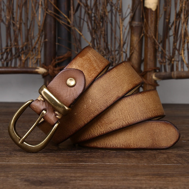 Classic Vintage Top-Grain Leather Belt with Rounded Brass Buckle - product view 12