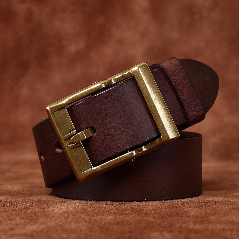 Coffee brown vintage distressed top-grain leather belt with antique brass-tone buckle