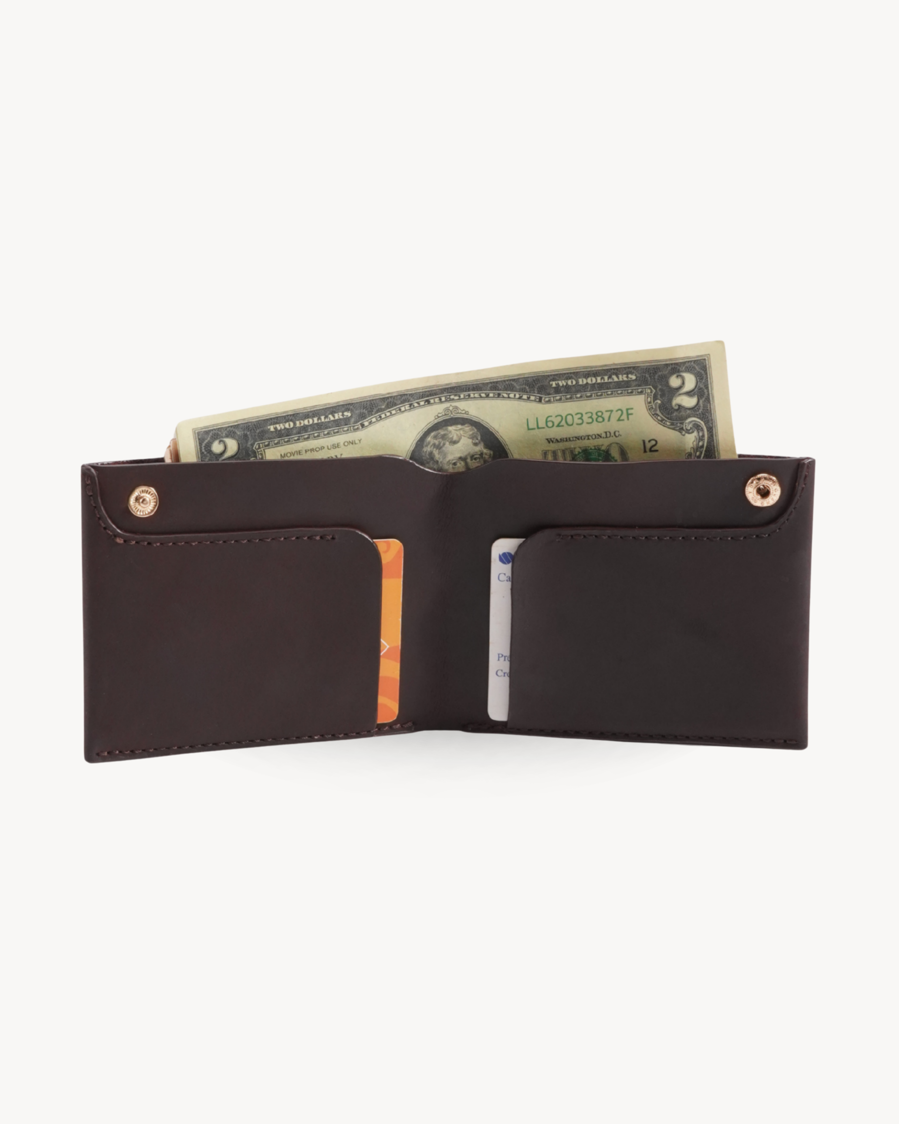 Handmade Full-Grain Crazy Horse Leather Bifold Wallet - open view with cards and cash
