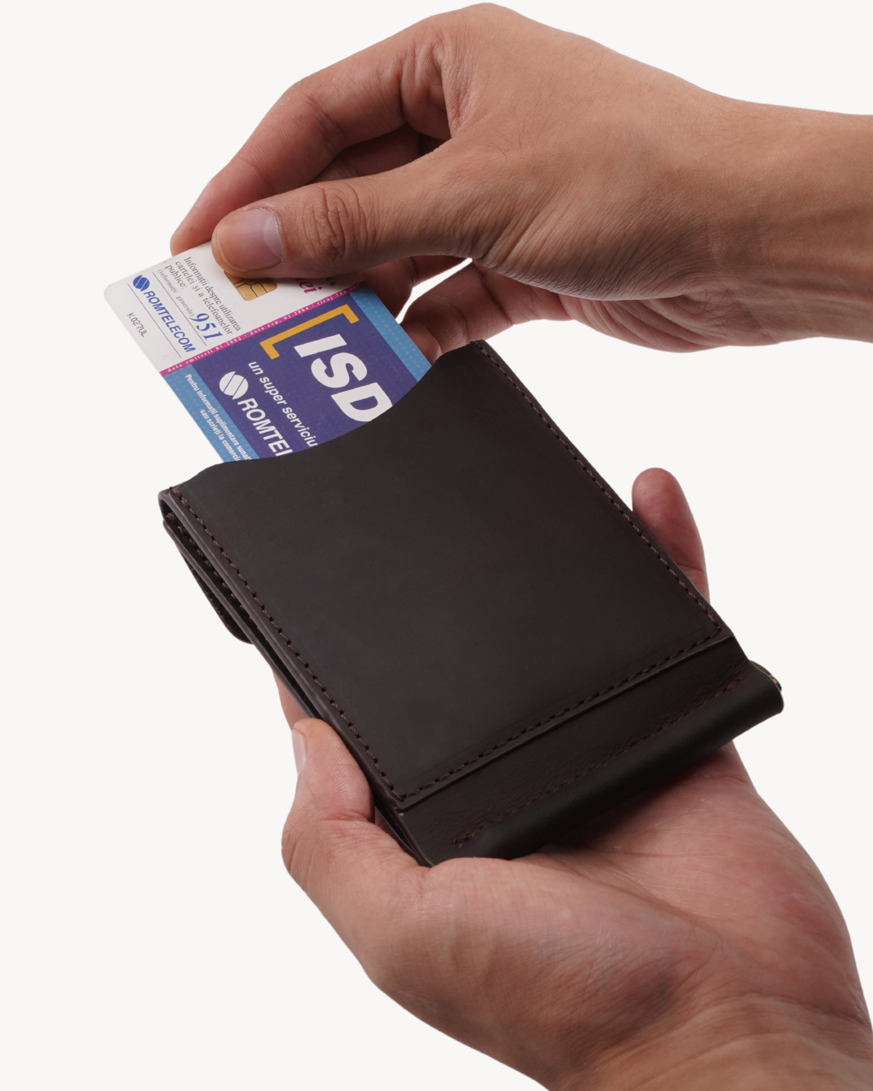 Handmade Full-Grain Crazy Horse Leather Money Clip Card Wallet - exterior card pocket in use