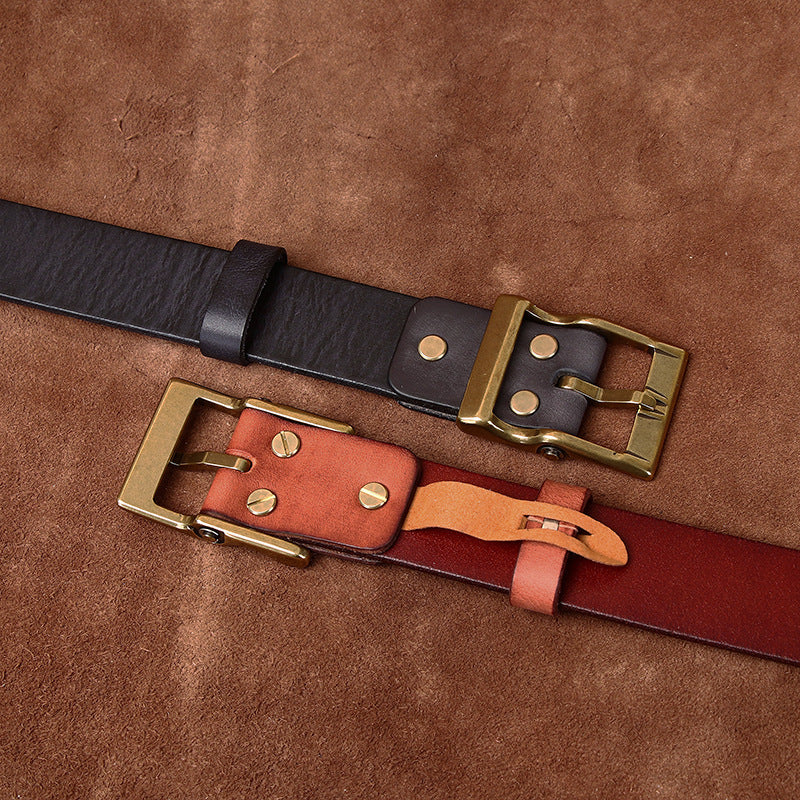 Back detail of leather belt buckle attachment and removable screw hardware