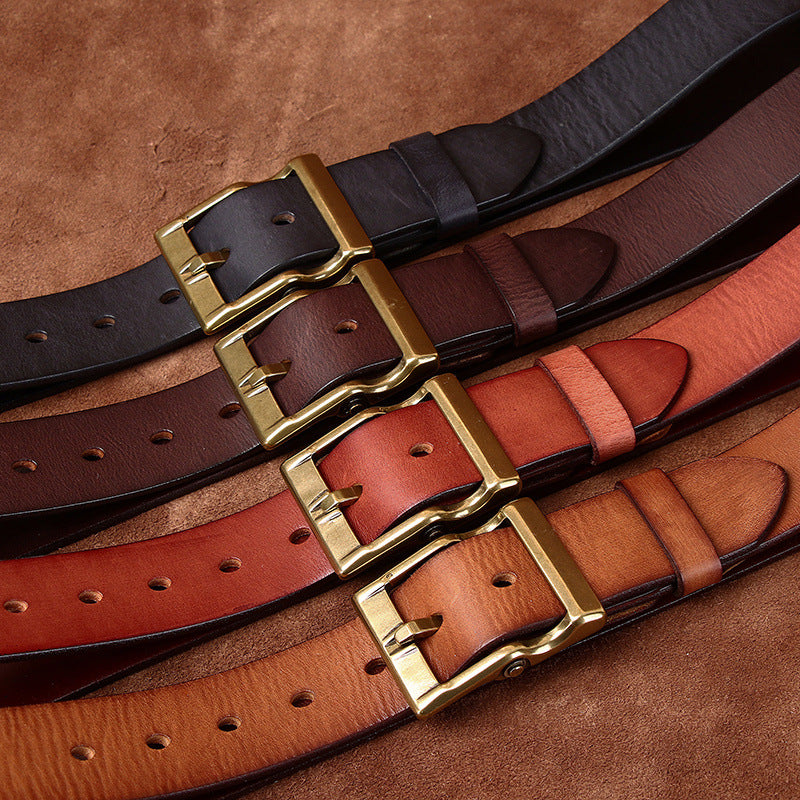Four colors of vintage distressed top-grain leather belts with brass-tone buckles