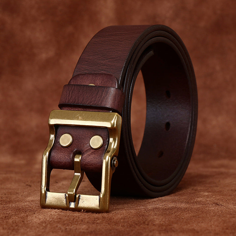 Coffee brown leather belt rolled to show its thick one-piece leather strap