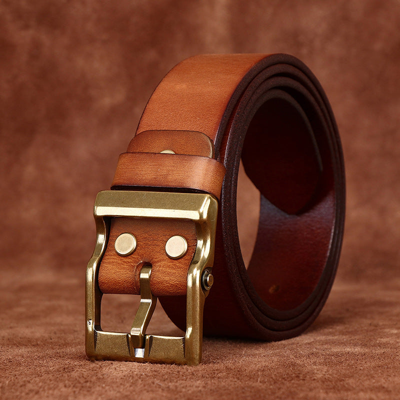 Tan leather belt detail showing the vintage washed leather surface