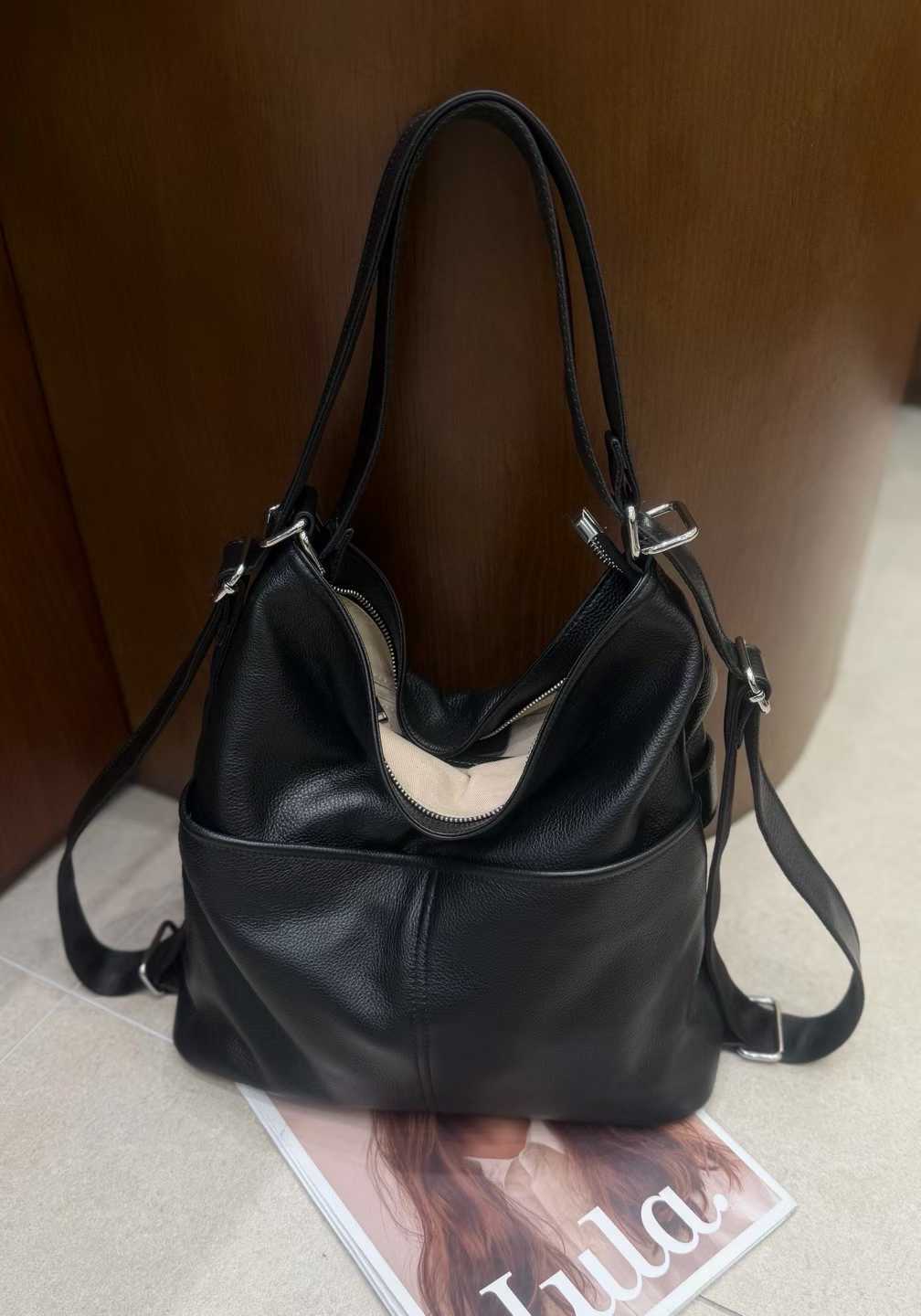 Black convertible leather tote backpack product view