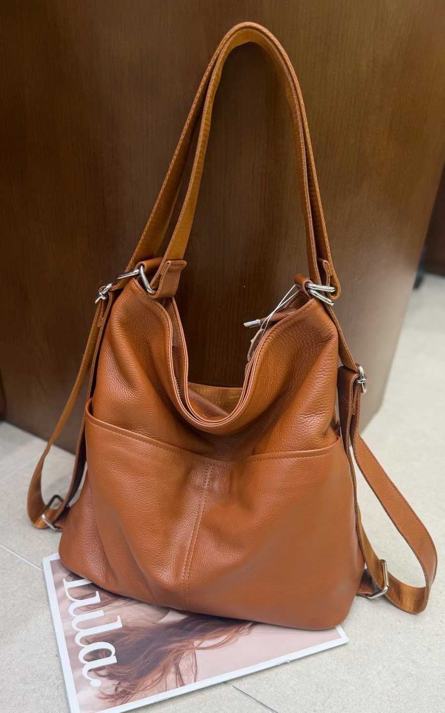 Brown convertible leather tote backpack product view