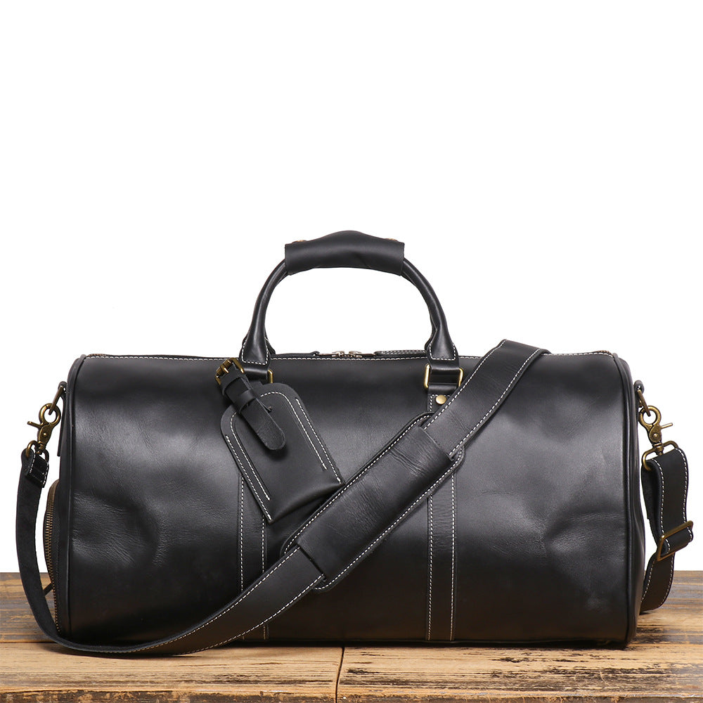 Black handcrafted crazy horse leather travel duffle bag, 50 cm
