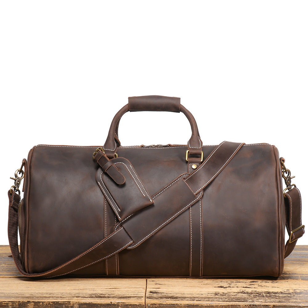 Dark brown handcrafted crazy horse leather travel duffle bag, 50 cm