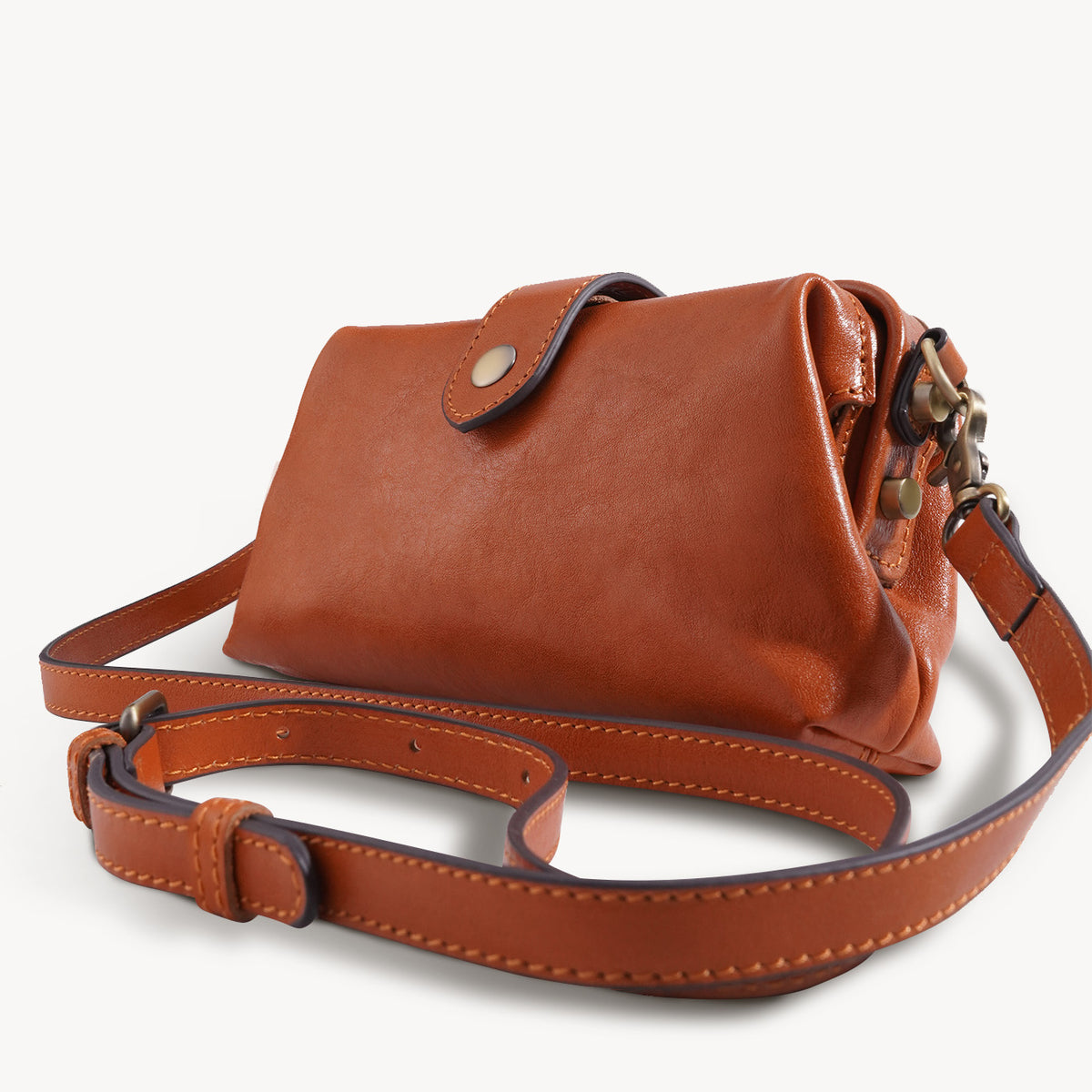 Brown vegetable-tanned leather frame crossbody bag, front view