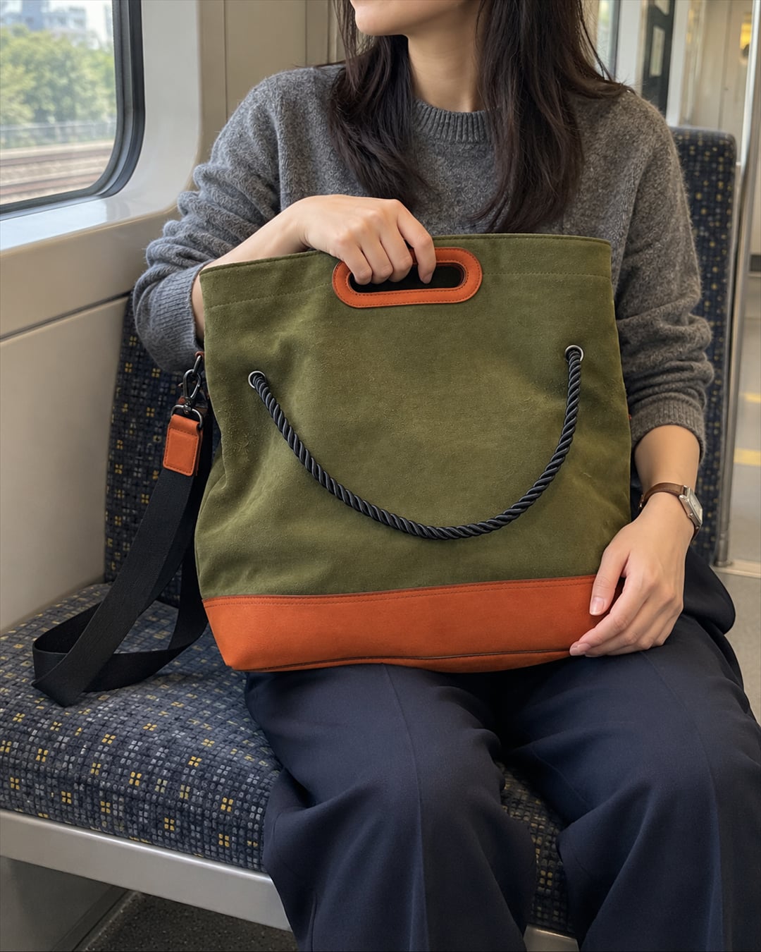 KAKAVY TRIO: Handheld bag on a train journey (generated illustration)