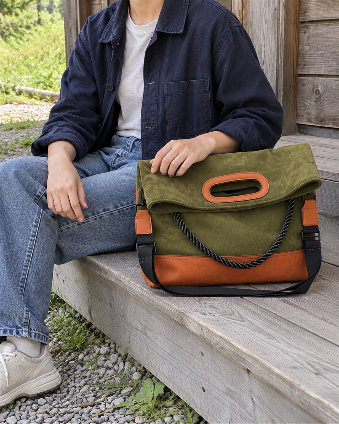 KAKAVY TRIO: Folded bag beside a cabin bench (generated illustration)