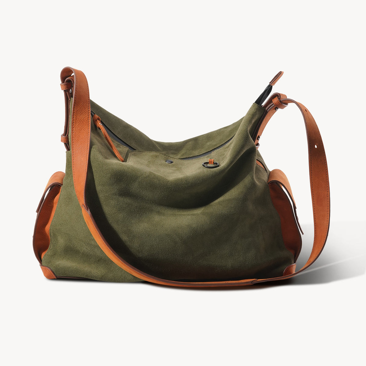 KAKAVY Roam shoulder bag with olive suede body and vegetable-tanned leather trim