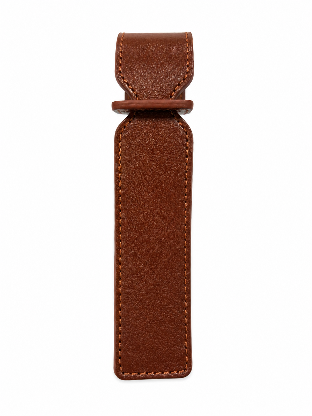 Back view of handcrafted brown leather luggage tag with stitched loop