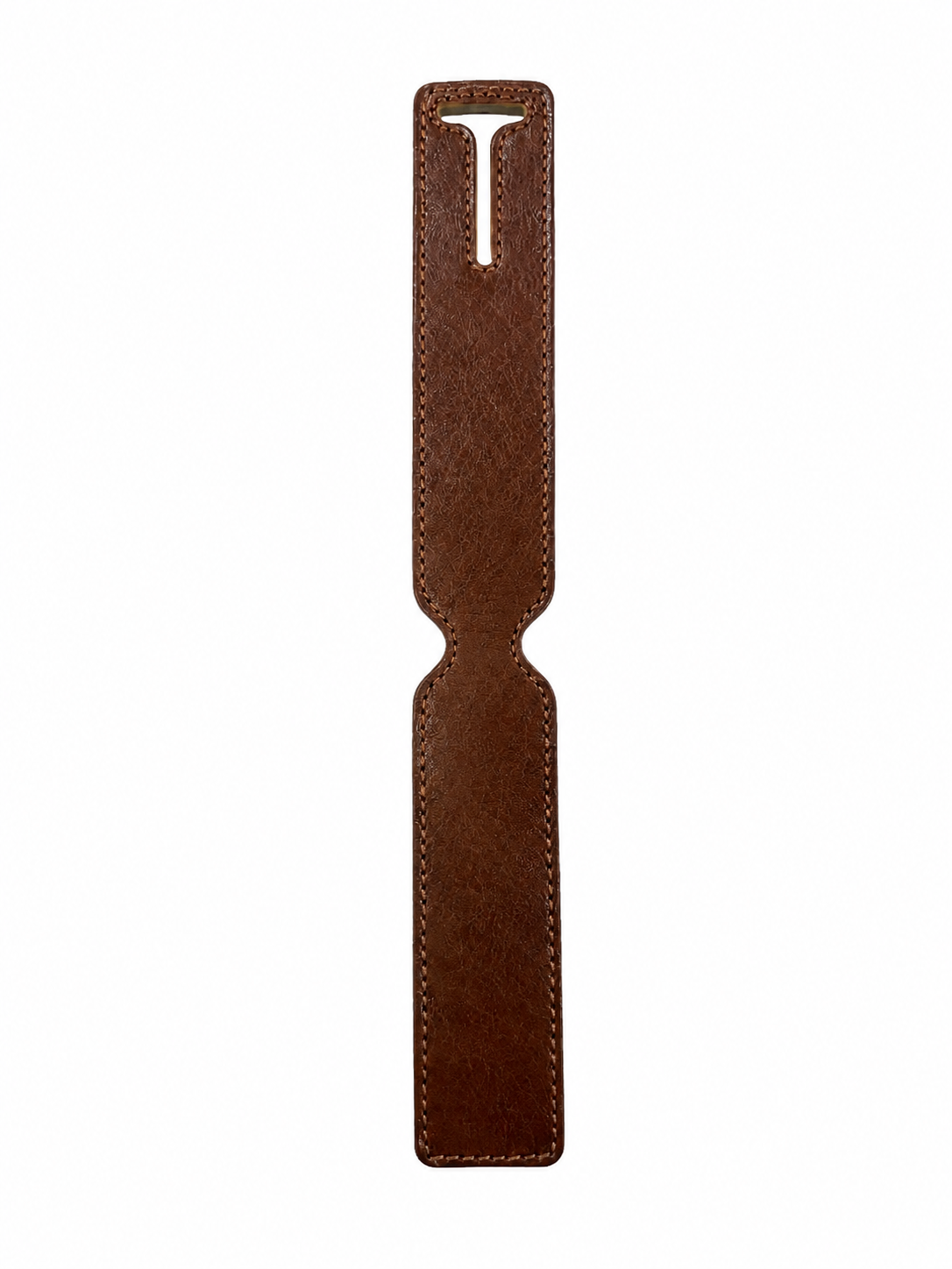 Flat open view of handcrafted brown leather luggage tag with slot opening