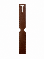 Flat open view of handcrafted brown leather luggage tag with slot opening