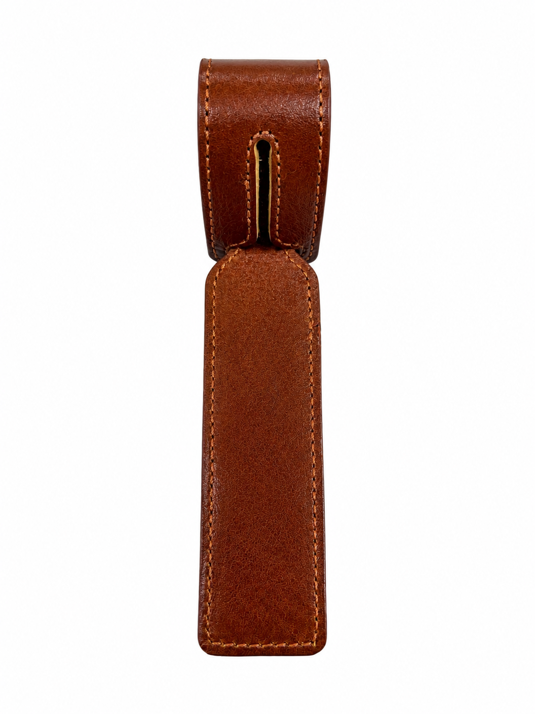 Handcrafted brown leather luggage tag with loop strap and stitched edges