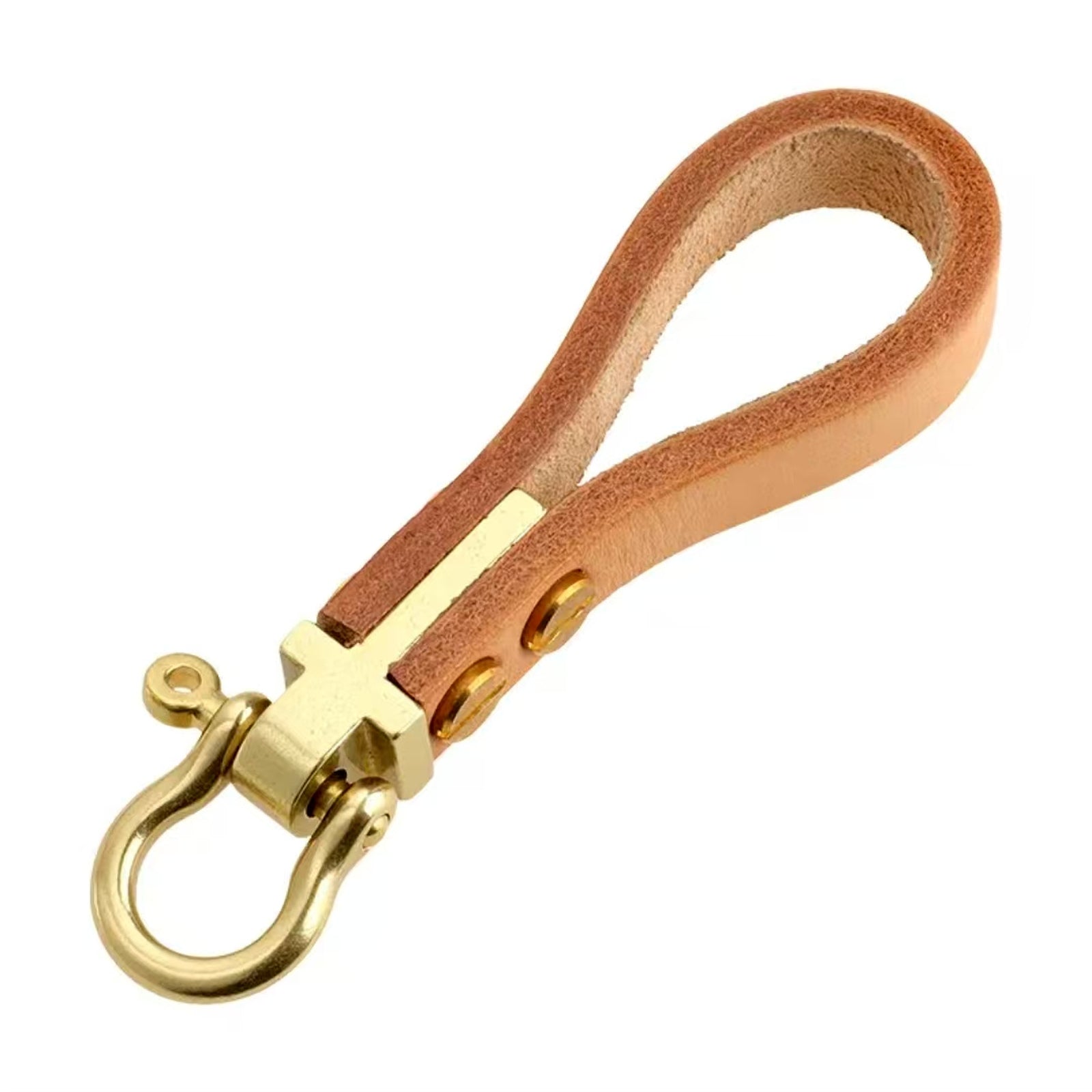 Yellow leather and brass horseshoe shackle keychain on white background