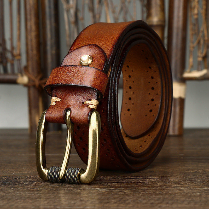 Perforated Vintage Top-Grain Leather Belt - product view 3