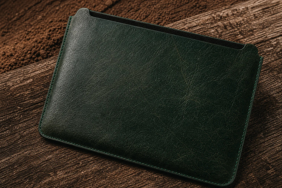 Aged forest green leather iPad and MacBook sleeve showing natural patina
