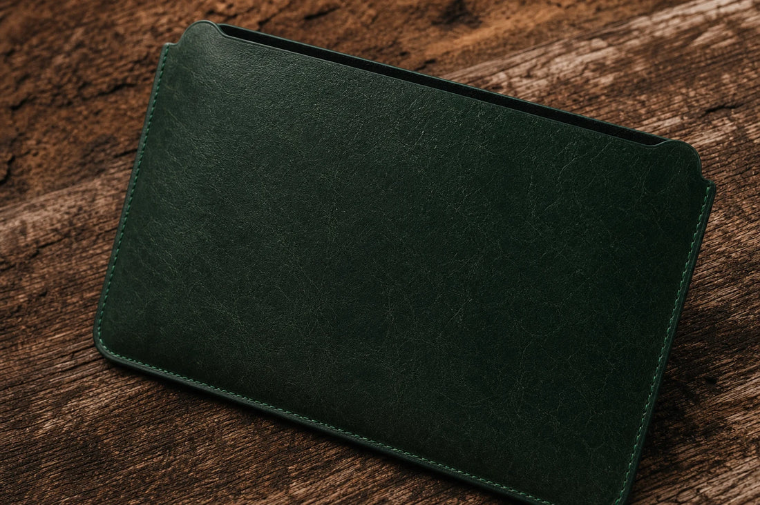 Close-up of forest green leather sleeve texture with open top cutout detail