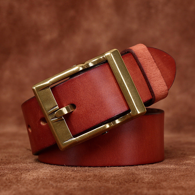 Red brown vintage distressed top-grain leather belt with antique brass-tone buckle